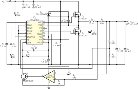使用標(biāo)準(zhǔn)的電流型降壓穩(wěn)壓器來(lái)產(chǎn)生20V輸出電壓的電路