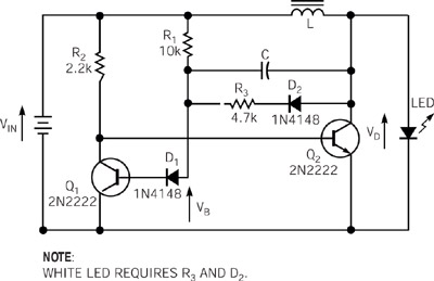 這一電路可為白色LED或黃色LED提供實(shí)際上恒定的發(fā)光光源