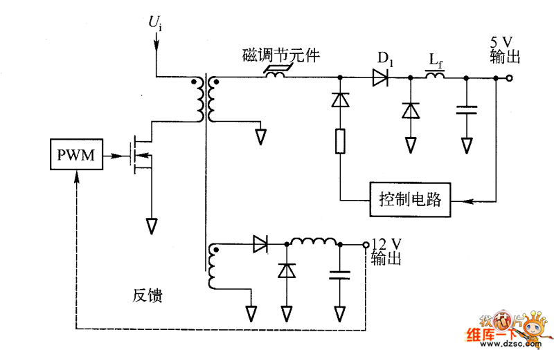 正激式開關(guān)電源5V輸出磁調(diào)節(jié)器的原理圖