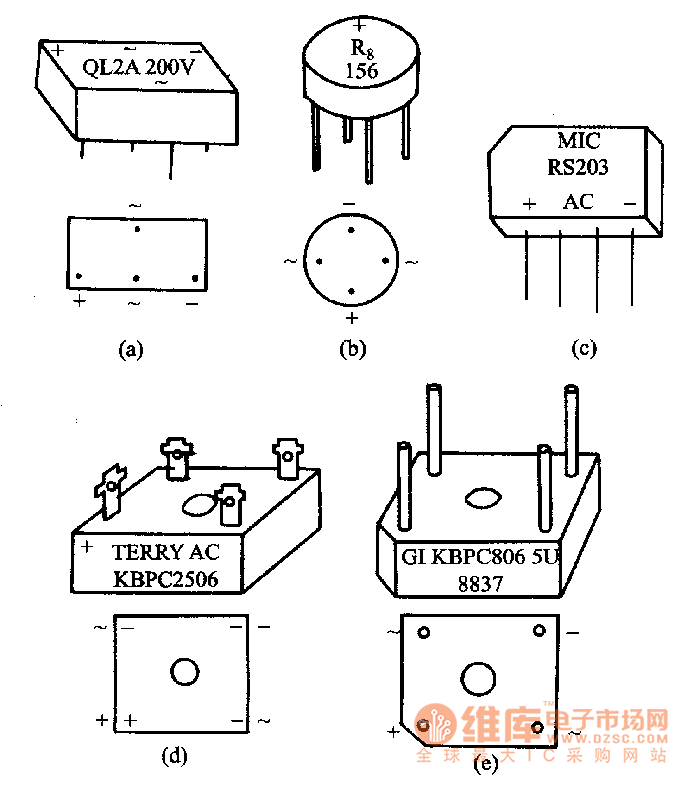 橋的外形與引腳電路圖