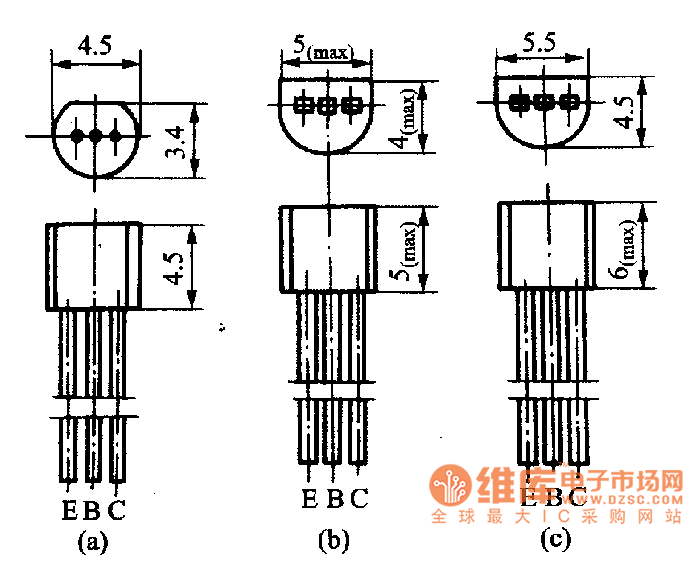 S一2型三極管封裝外形和弓腳分布電路圖
