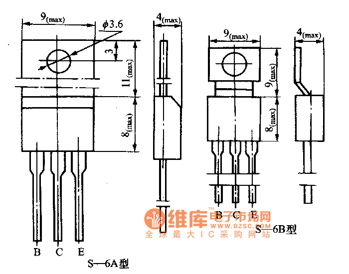 S一6型三極管外形與引腳分布電路圖