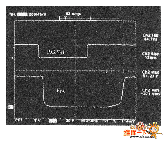 脈沖發(fā)生器的輸出波形和功率MOSFET的漏極波形