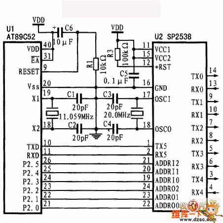 AT89C52與SP2538的電路連接