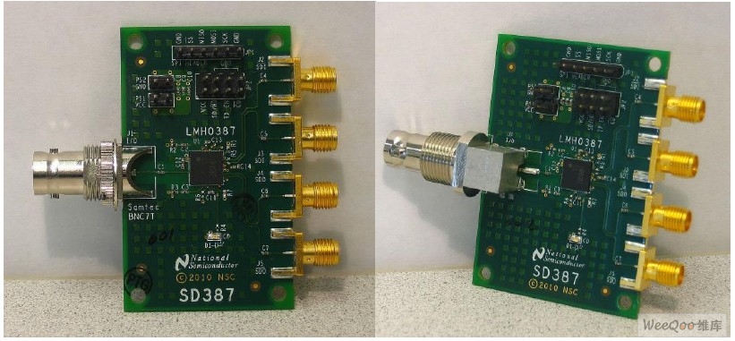 采用邊緣貼裝和直角表面貼裝BNC的LMH0387示意圖