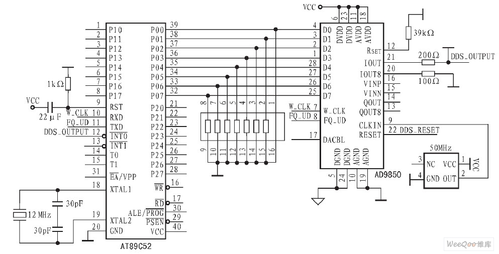 單片機與AD9850 的硬件連接圖