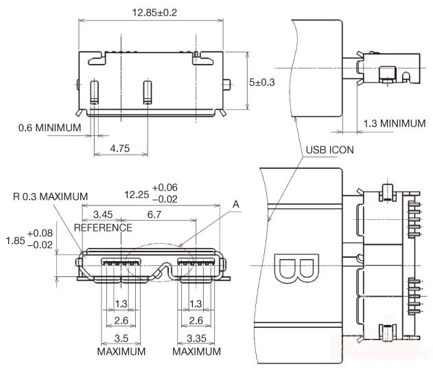 圖2，連接器總寬為12.85mm，大于USB 2.0連接器