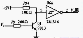 三極管9013和施密特觸發(fā)器74LS14構成的放大整形電路